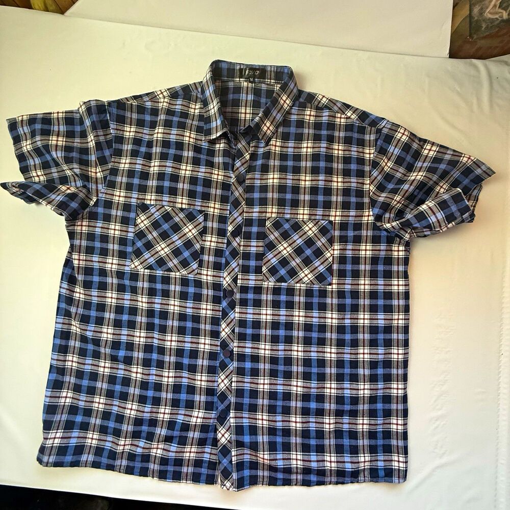 SIVO Men’s Medium Blue Plaid Short Sleeve Snap Front Shirt Double Pocket